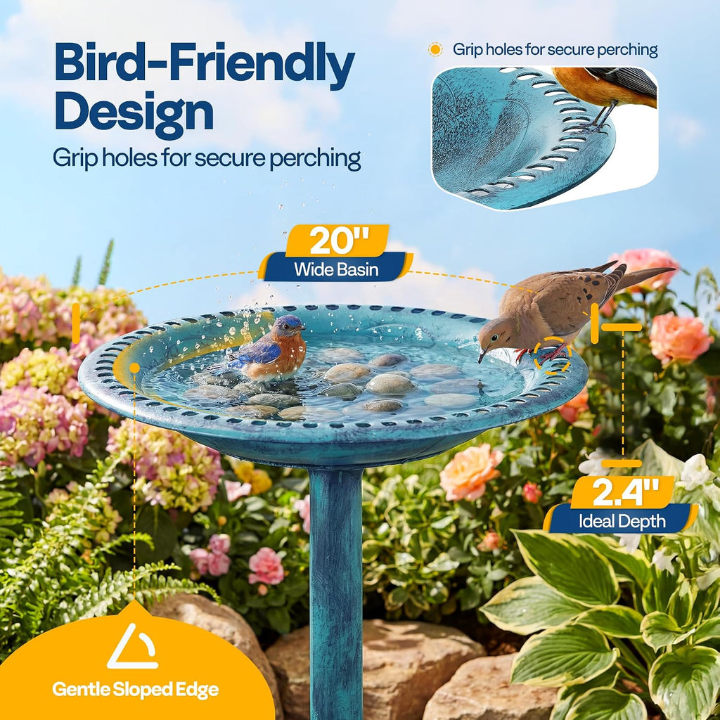 Bird Bath for Outside, Polyresin Pedestal Birdbath, Blue