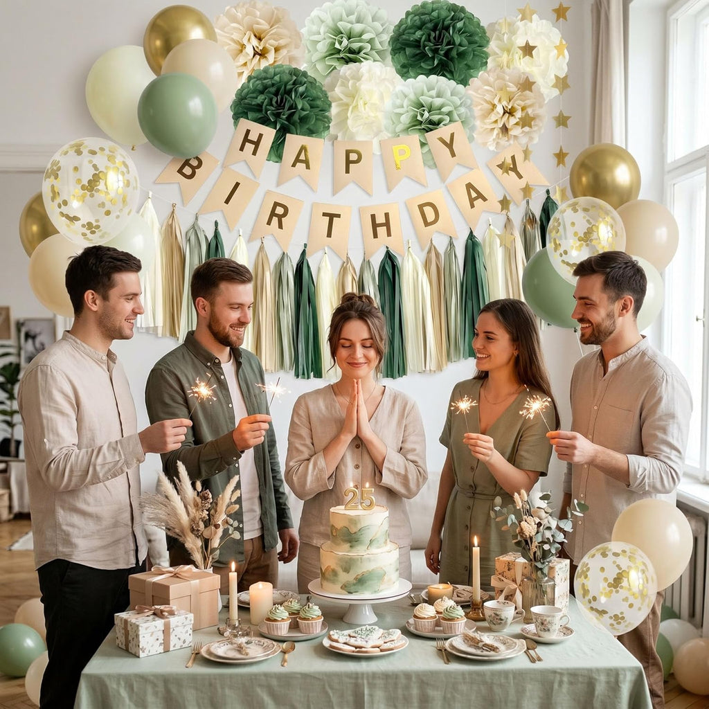 Sage Green Happy Birthday Party Decorations Retro Green Nude Ivory Dark Olive Kraft Paper Banner Balloons Neutral