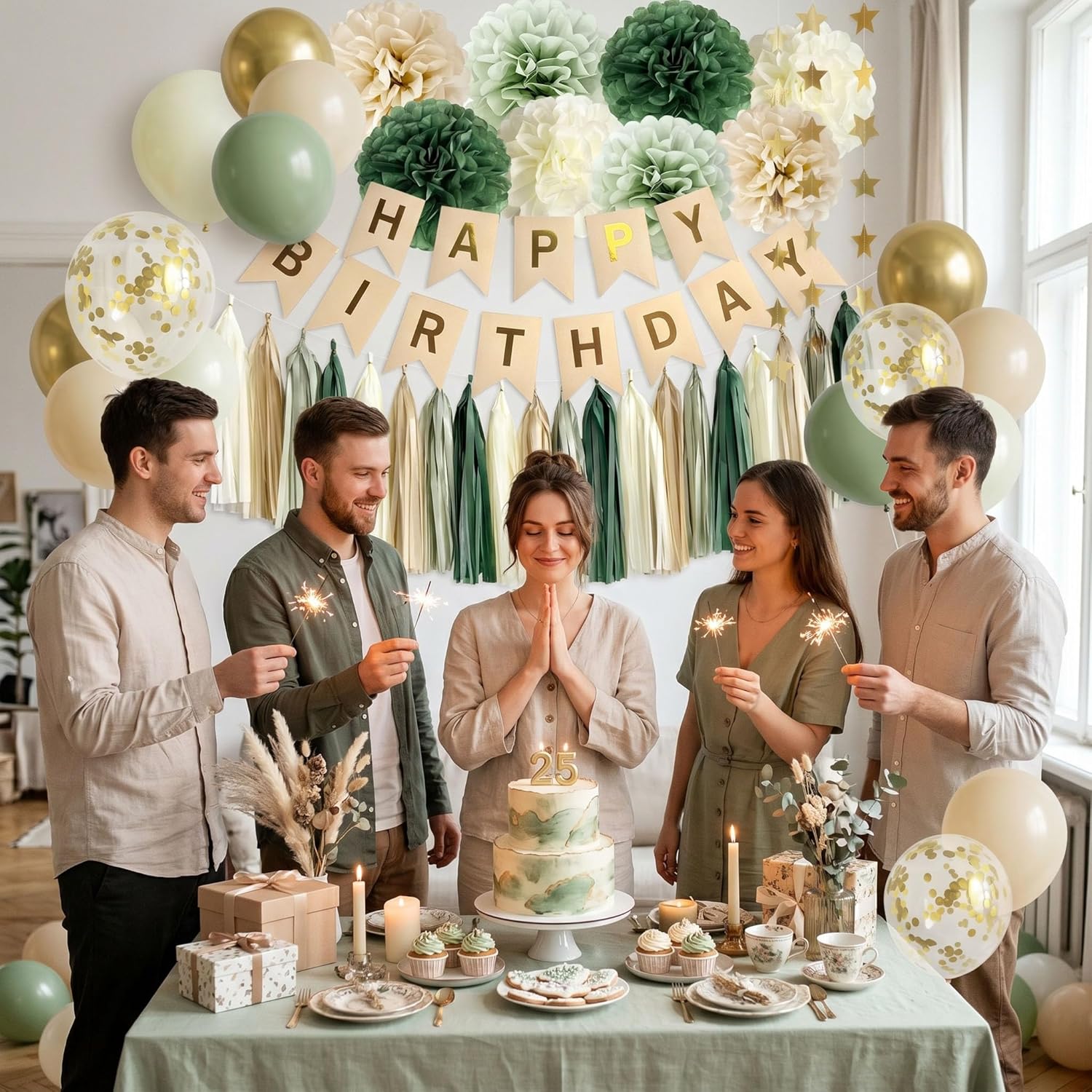 Sage Green Happy Birthday Party Decorations Retro Green Nude Ivory Dark Olive Kraft Paper Banner Balloons Neutral