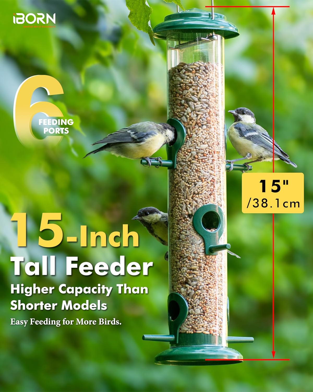 Metal Bird Feeders 6 Ports Hanging Wild Bird Seed Feeder for Mix Seed Blends, Seed Feeder, Sunflower Heart, Birdbath