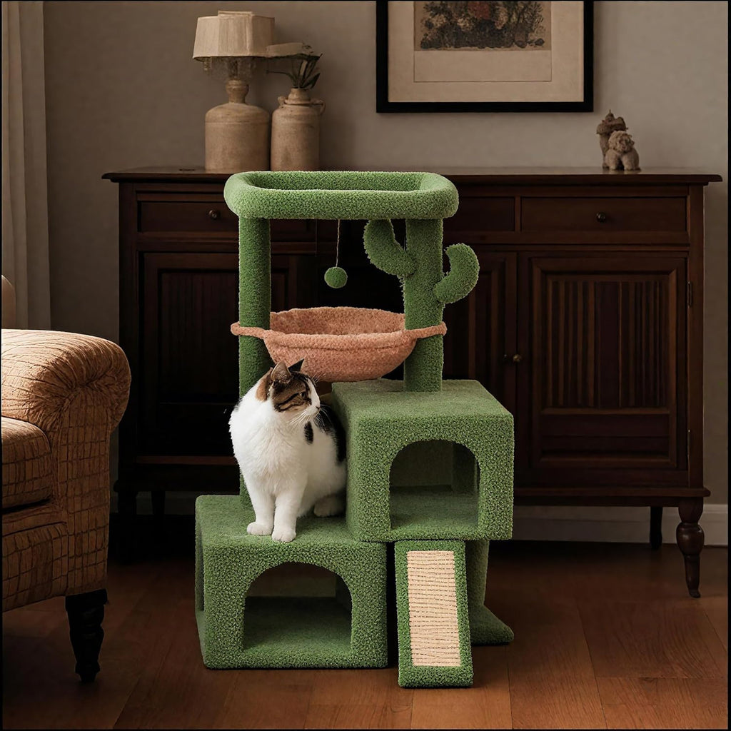 37.4" Cactus Cat Tree Tower with Twin Cat Condos for Indoor Cats, All-in-One Activity Center with Cat Scratching Post