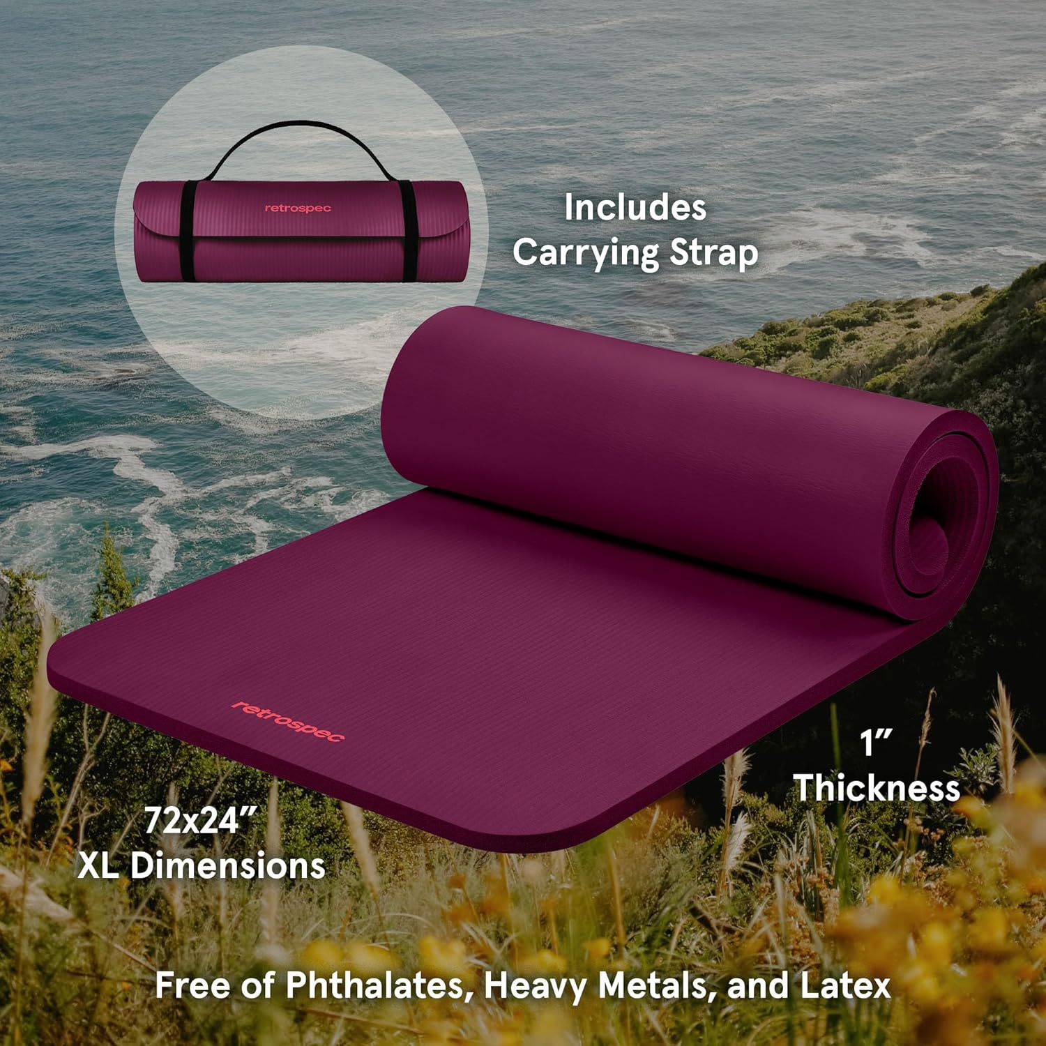 Solana Yoga Mat 1" Thick w/Nylon Strap for Men & Women - Non Slip Exercise Mat for Home Yoga, Pilates, Stretching