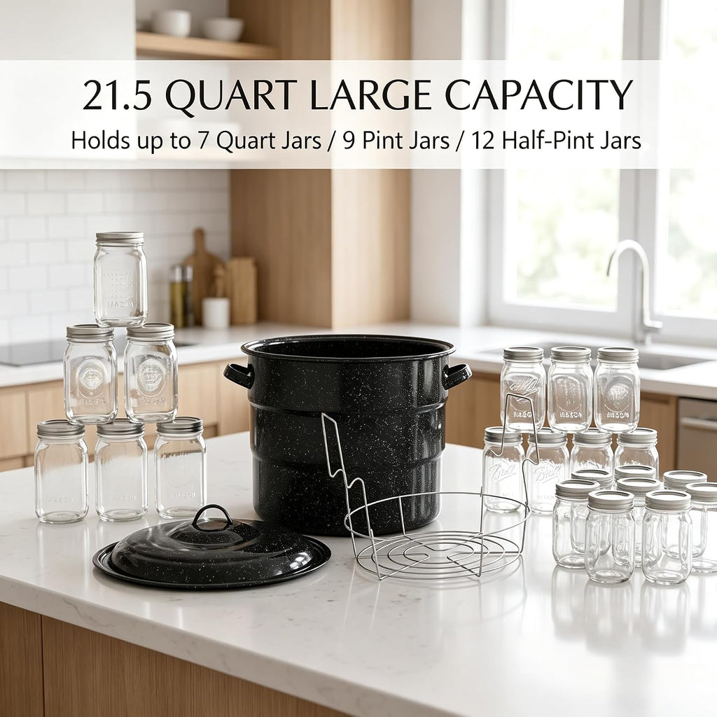 Water Bath Canner with Can Rack 21.5 Quart, Porcelain Steel Core Canning Pot for 7 Quart Jars, Black Enamel Canner