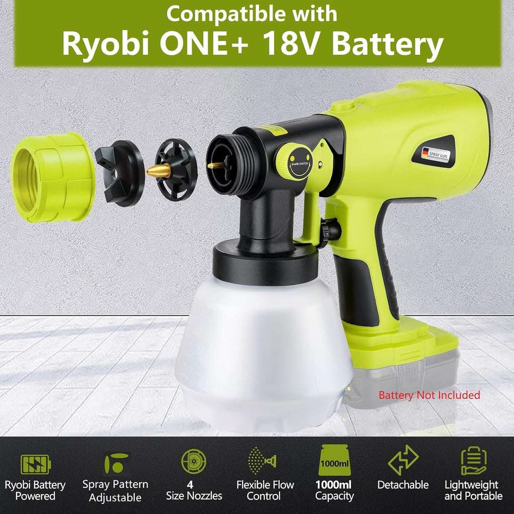Cordless Paint Sprayer Compatible with Ryobi One 18V Battery 1000ml Capacity HVLP Spray Paint Gun 3 Patterns and 4