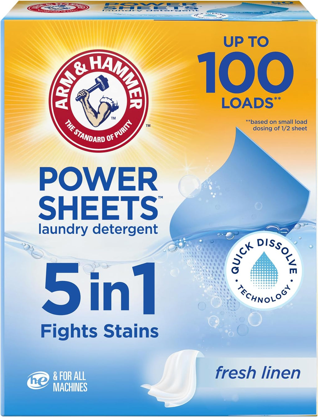 5-in-1 Power Sheets Laundry Detergent, Fresh Linen, 50 Count