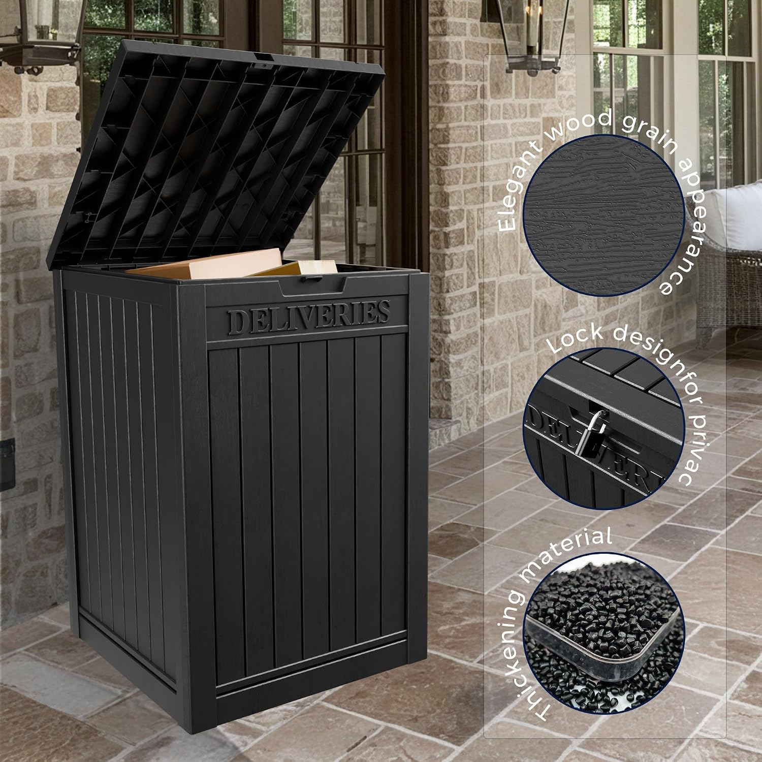 50-Gallon Package Delivery Boxes for Outside, Resin Storage Chest with Sign & Lockable Secure, Waterproof Package