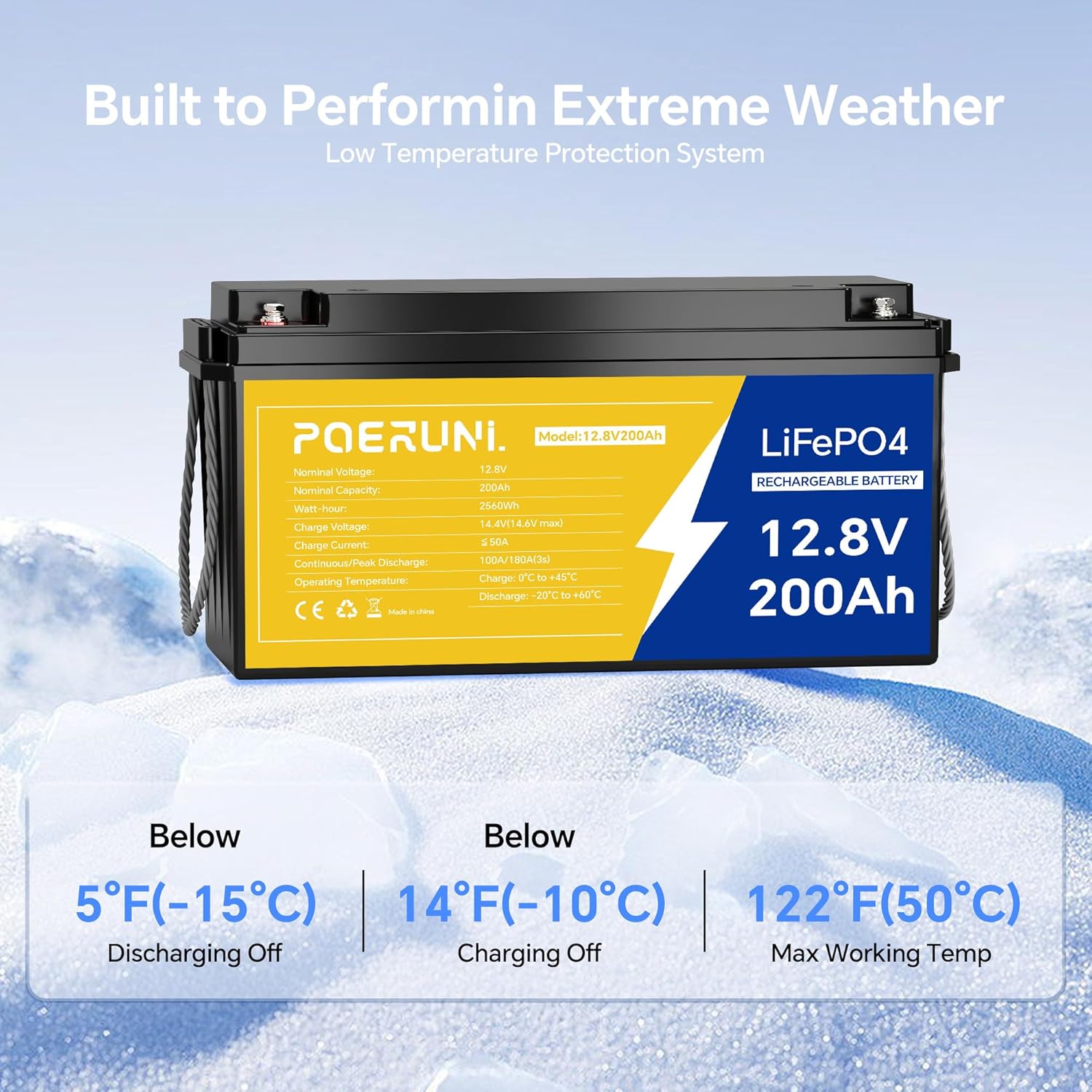 12.8V 200Ah LiFePO4 Battery, Lithium Iron Phosphate Deep Cycle Battery for RV, Solar, Marine, Trolling Motor, 2560Wh