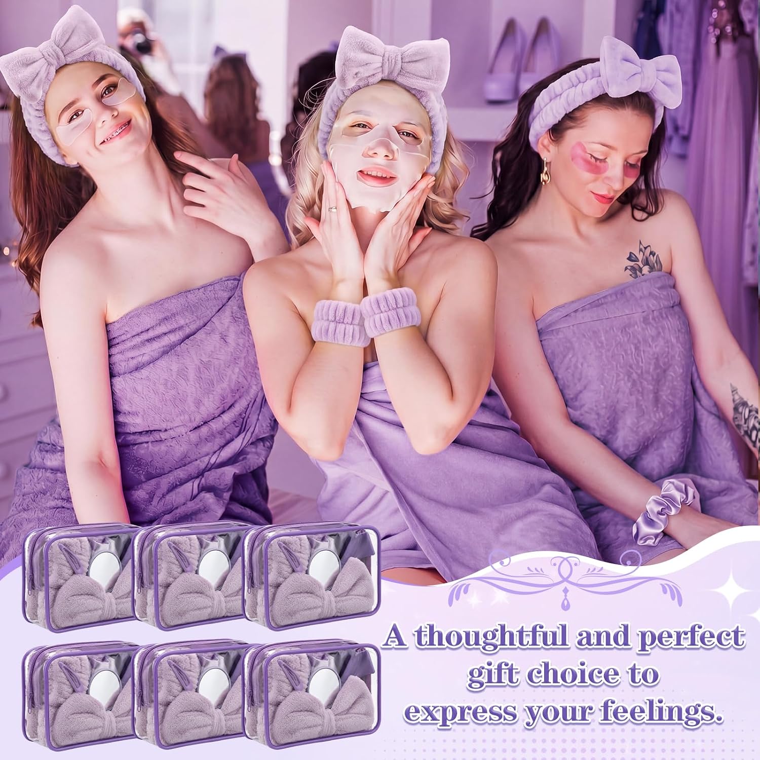 120 Pcs Spa Party Purple Sleepover Party Supply Bulk Headband Wristband Scrunchies Towels Makeup Bag Mirror Claw Hair