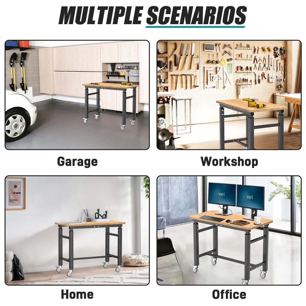 Workbench with Wheels, Adjustable Height Work Table, 42“ x 20”