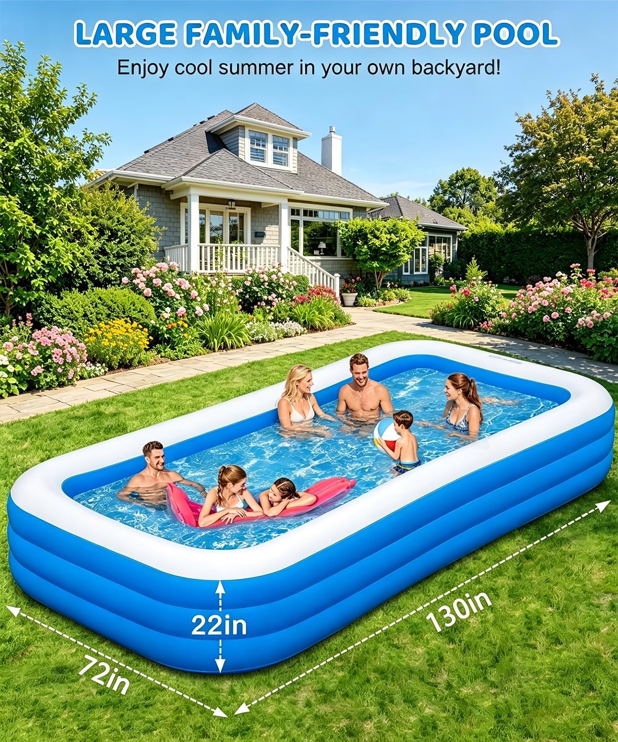 Large Inflatable Pool - 130"×72"×22" Blow Up Pool for Adults and Childrens with Electric Pump, Swimming Pool for