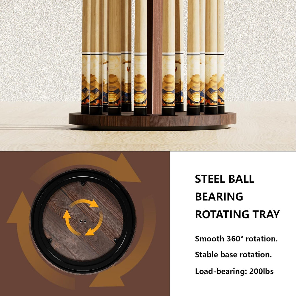 360° Rotating Natural Wood Pool Stick Holder, Floor Stand Pool Cue Rack Holds 15 Sticks, Storage Organizer for