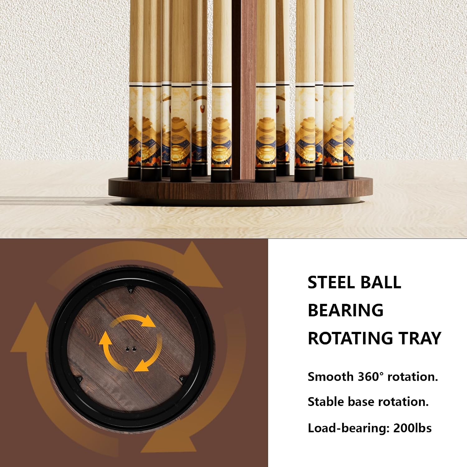 360° Rotating Natural Wood Pool Stick Holder, Floor Stand Pool Cue Rack Holds 15 Sticks, Storage Organizer for