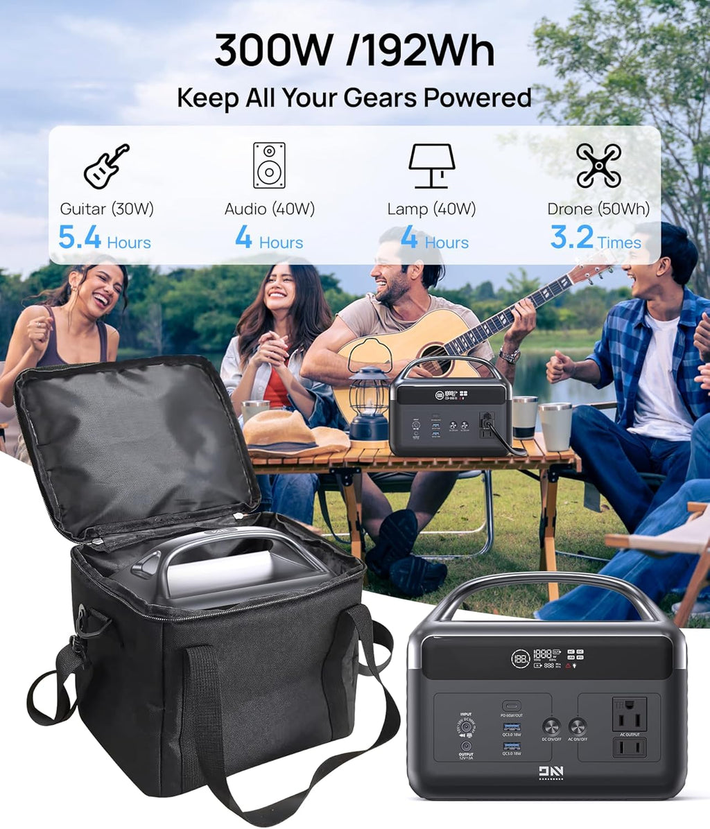 Portable Power Station 192Wh LiFePO4 Battery, Solar Generator with Storage Bag, 2×AC 300W (600W Surge), USB-C 60W PD