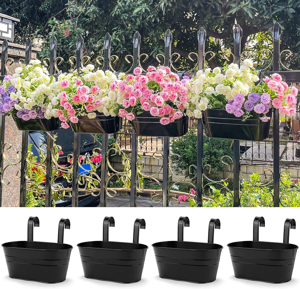 4pcs Hanging Flower Pots, Metal Iron Wall Planter Indoor/Outdoor for Railing Fence Balcony Garden Home Decoration