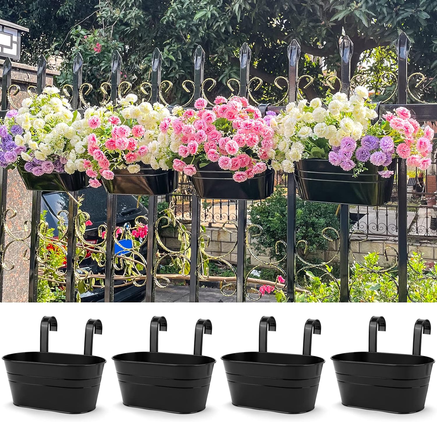 4pcs Hanging Flower Pots, Metal Iron Wall Planter Indoor/Outdoor for Railing Fence Balcony Garden Home Decoration