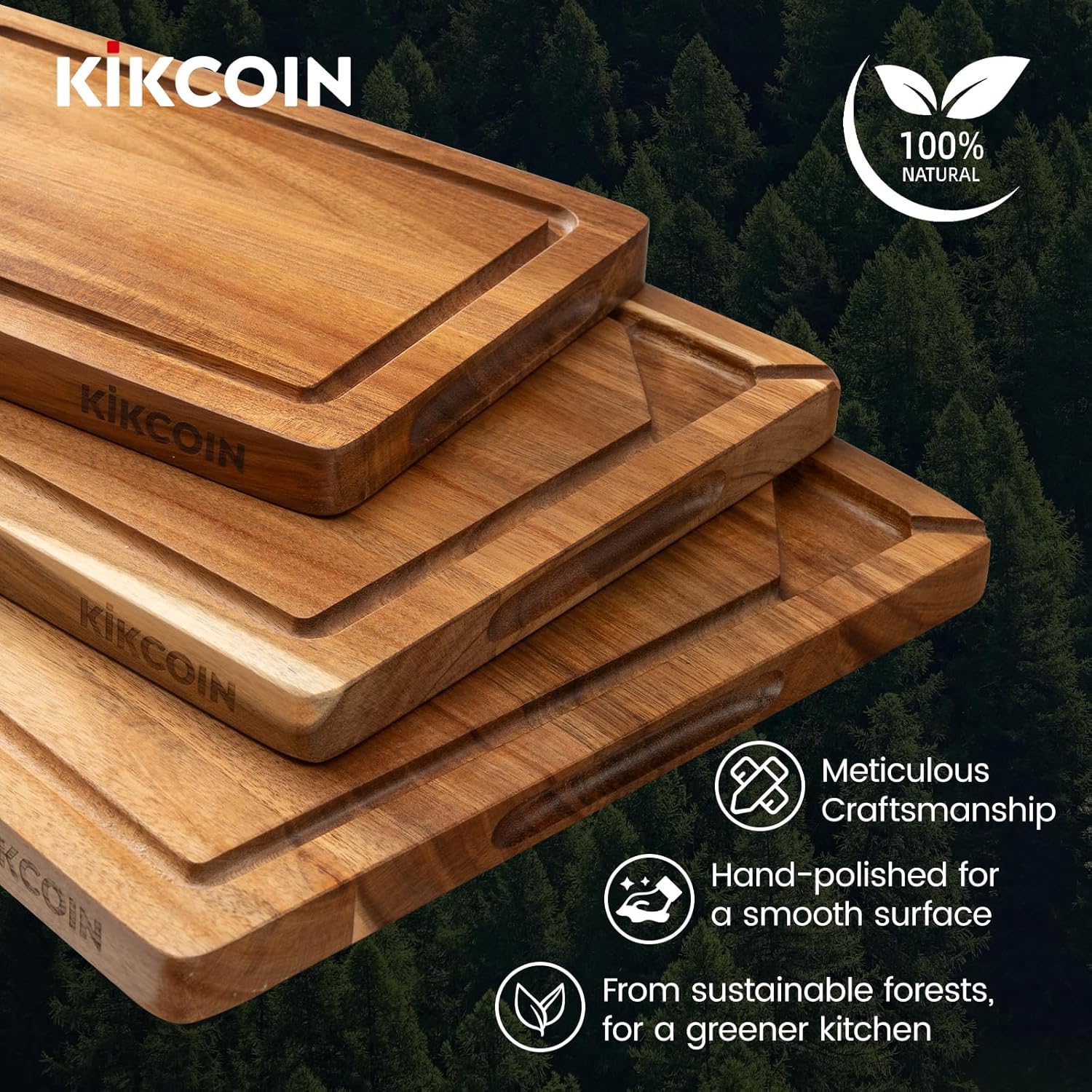Acacia Wood Cutting Boards for Kitchen, Kikcoin 3 PCS Wooden Cutting Board Set with Holder, Chopping Board with