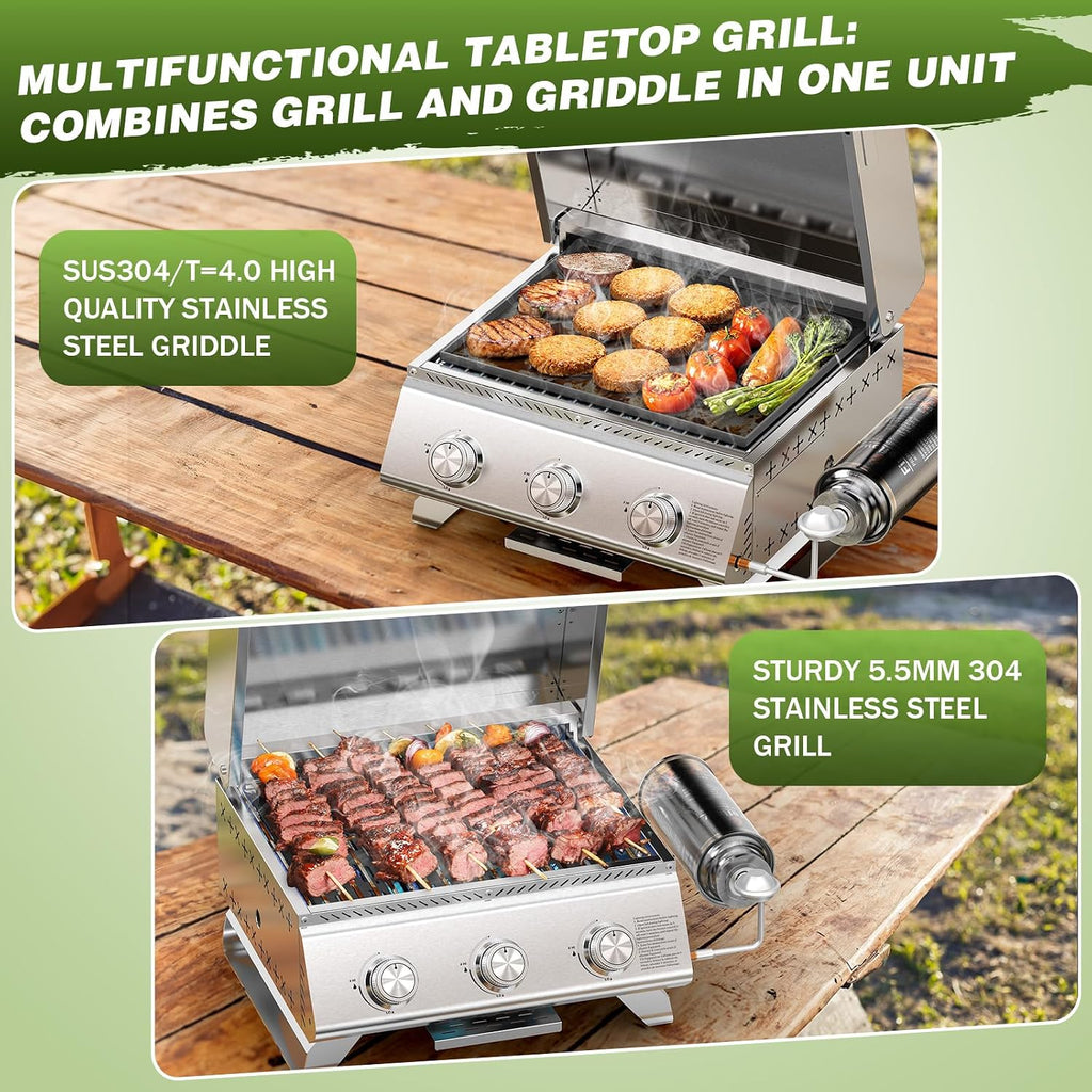 Portable 3-Burner Table Top Gas Grill with Griddle, Stainless Steel BBQ Propane Grill, Flat Top Grill with Lid for