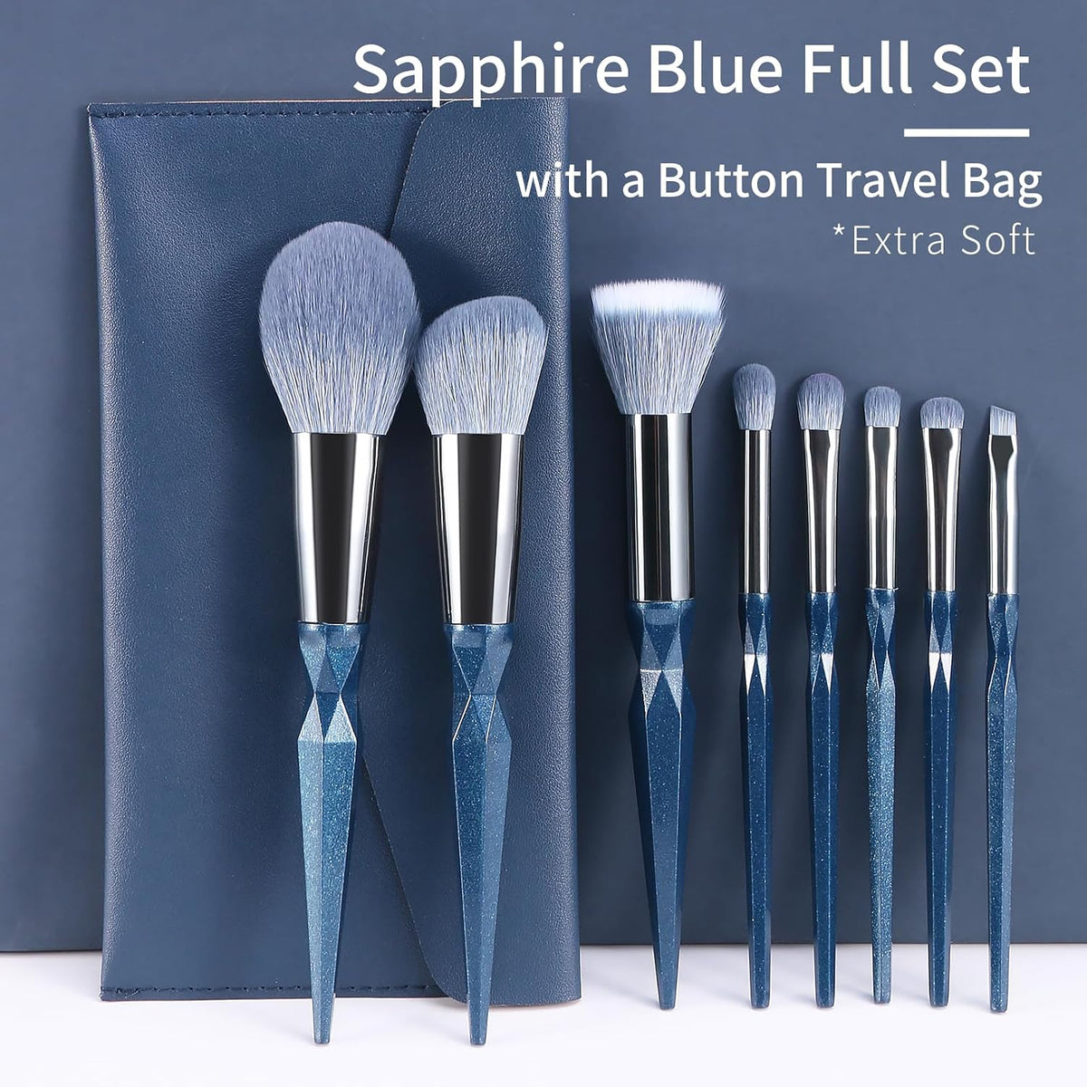 Sapphire Blue Makeup Brush Set Professional, Vegan Makeup Brushes Set, Makeup Brush Set with Case, Glitter Cosmetic