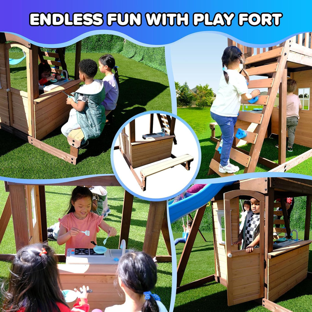 8-in-1 Lakeview Outdoor Cedar Wooden Swing Set: Belt Swings, Trapeze Play Fort with Play Kitchen, Bench & Rock