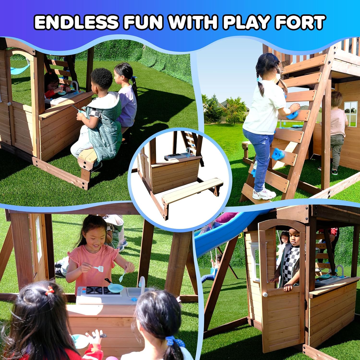 8-in-1 Lakeview Outdoor Cedar Wooden Swing Set: Belt Swings, Trapeze Play Fort with Play Kitchen, Bench & Rock