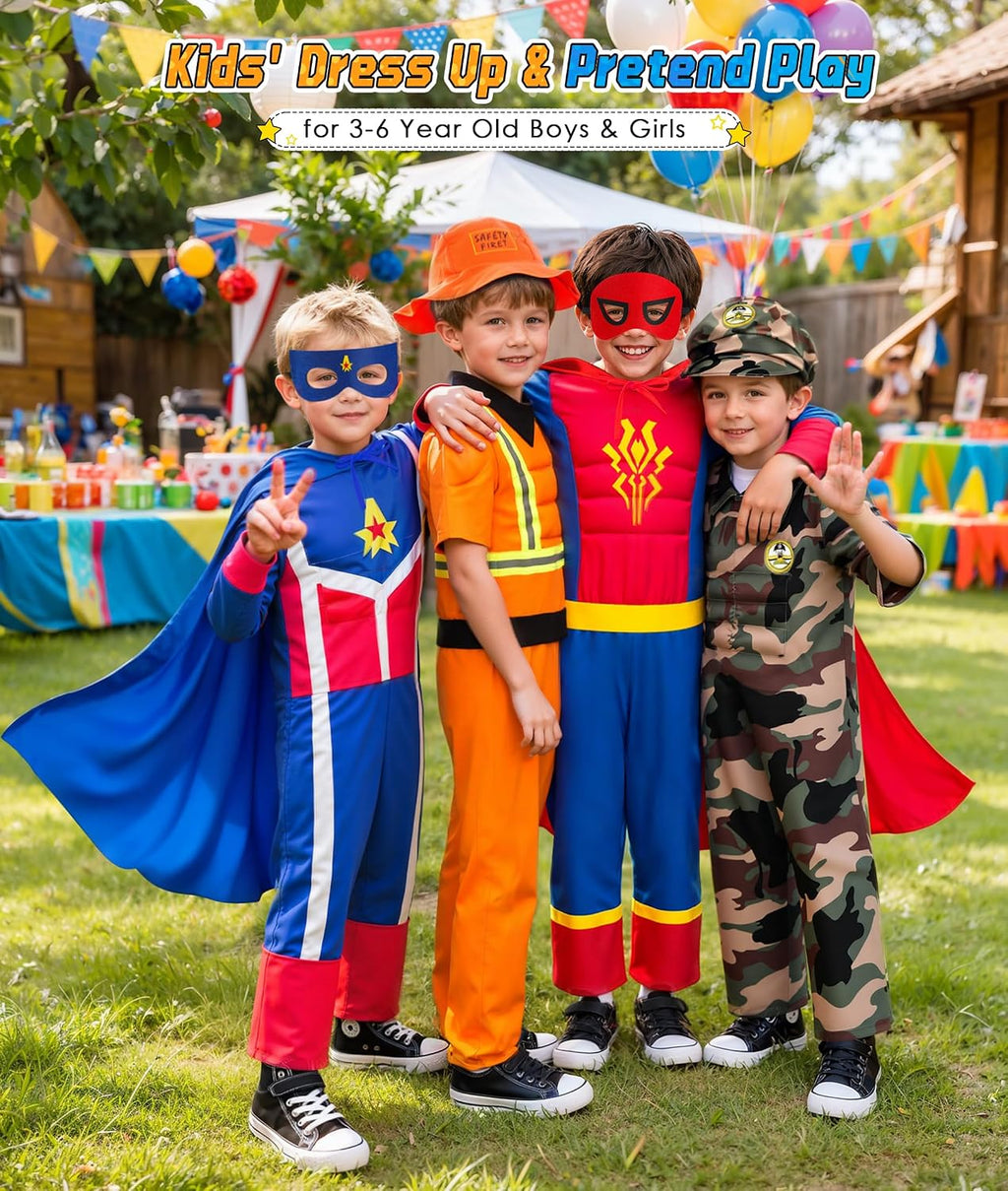 Boys Muscle Dress up Trunk: Superhero Construction Worker Military Costume | Kids Pretend Role Play Costumes Set