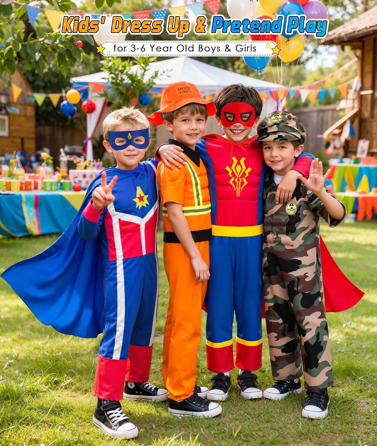 Boys Muscle Dress up Trunk: Superhero Construction Worker Military Costume | Kids Pretend Role Play Costumes Set