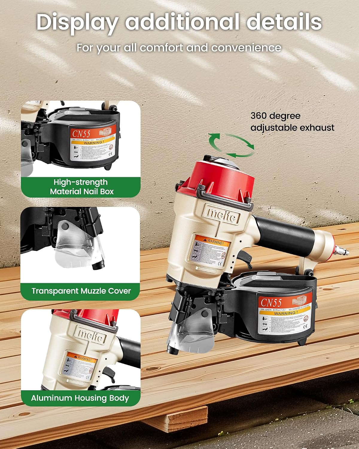 CN55 Coil Nailer Pneumatic Nail Gun for 15 Degree 1" to 2-1/4" Nails