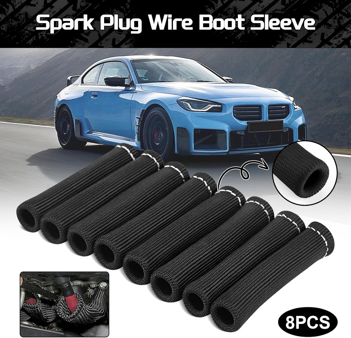 JUSTTOP 8PCS Spark Plug Wire Heat Shield Sleeve 2500°Spark Plug Heat Shield Sleeve,6 Inch Spark Plug Heat Sleeve Protection Cover Replacement for LS1/LS2 SBC BBC 350 454(Black)