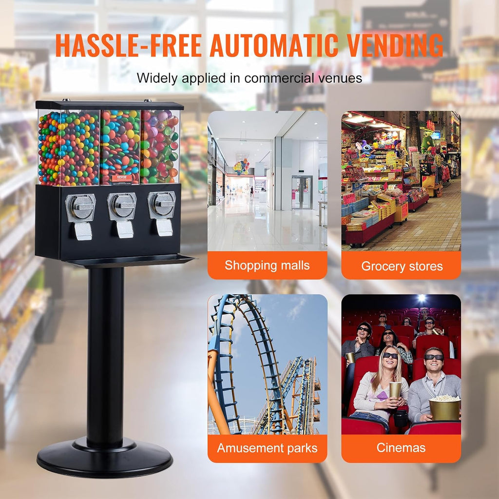 Commercial Vending Machine, Triple Compartment Candy Dispenser with Iron Stand, Gumball and Candy Machine for