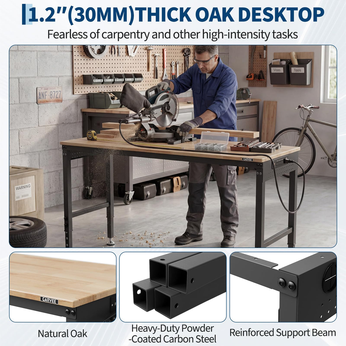 60 x 22 Inch Heavy-Duty Adjustable Height Workbench - 2000 LB Capacity Garage Work Table with Power Outlets, Locking