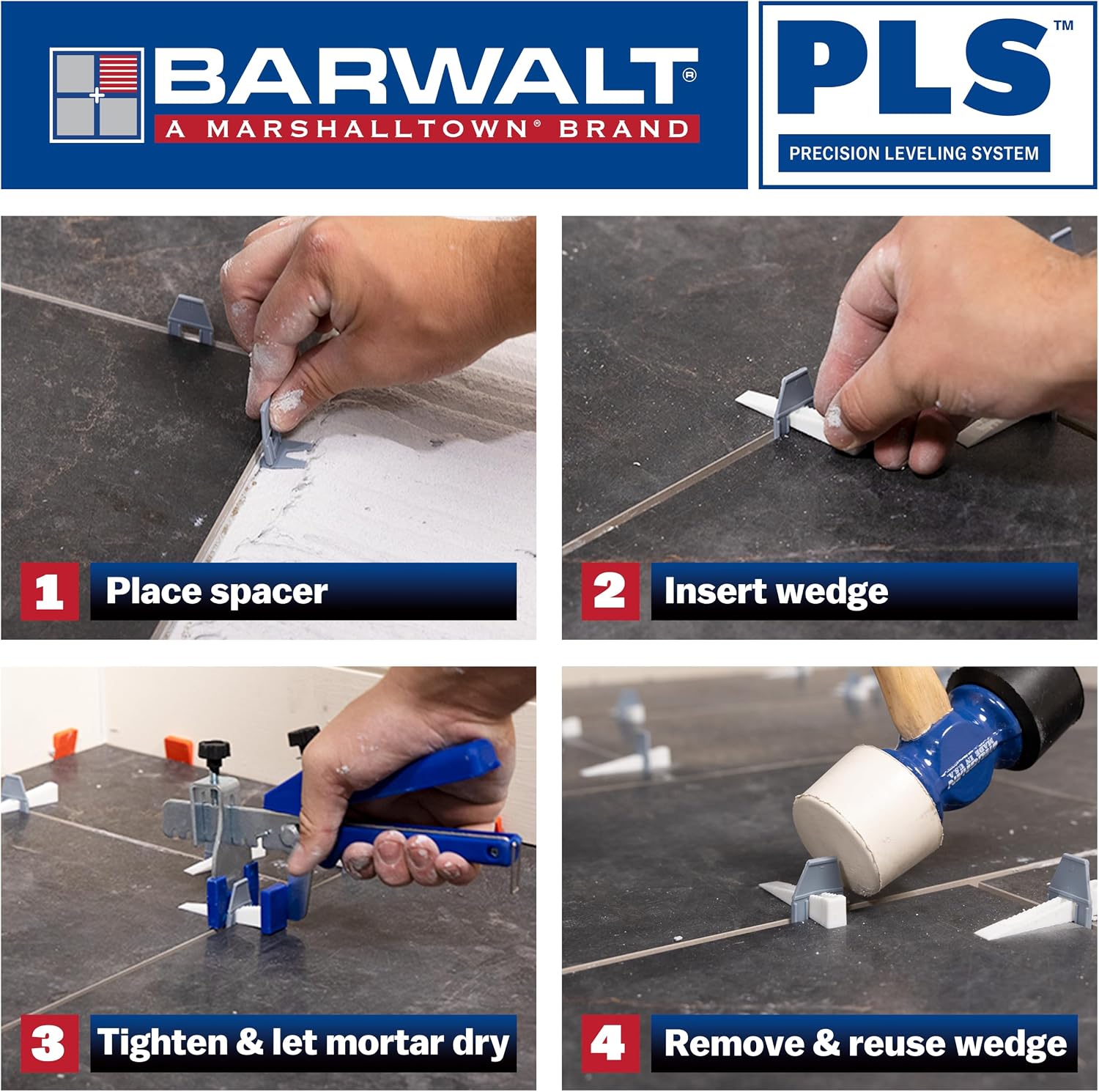 PLS 1/8 Inch Tile Leveling System | Spacer bases and clips deliver flawless no-lippage tile alignment, wedges sold