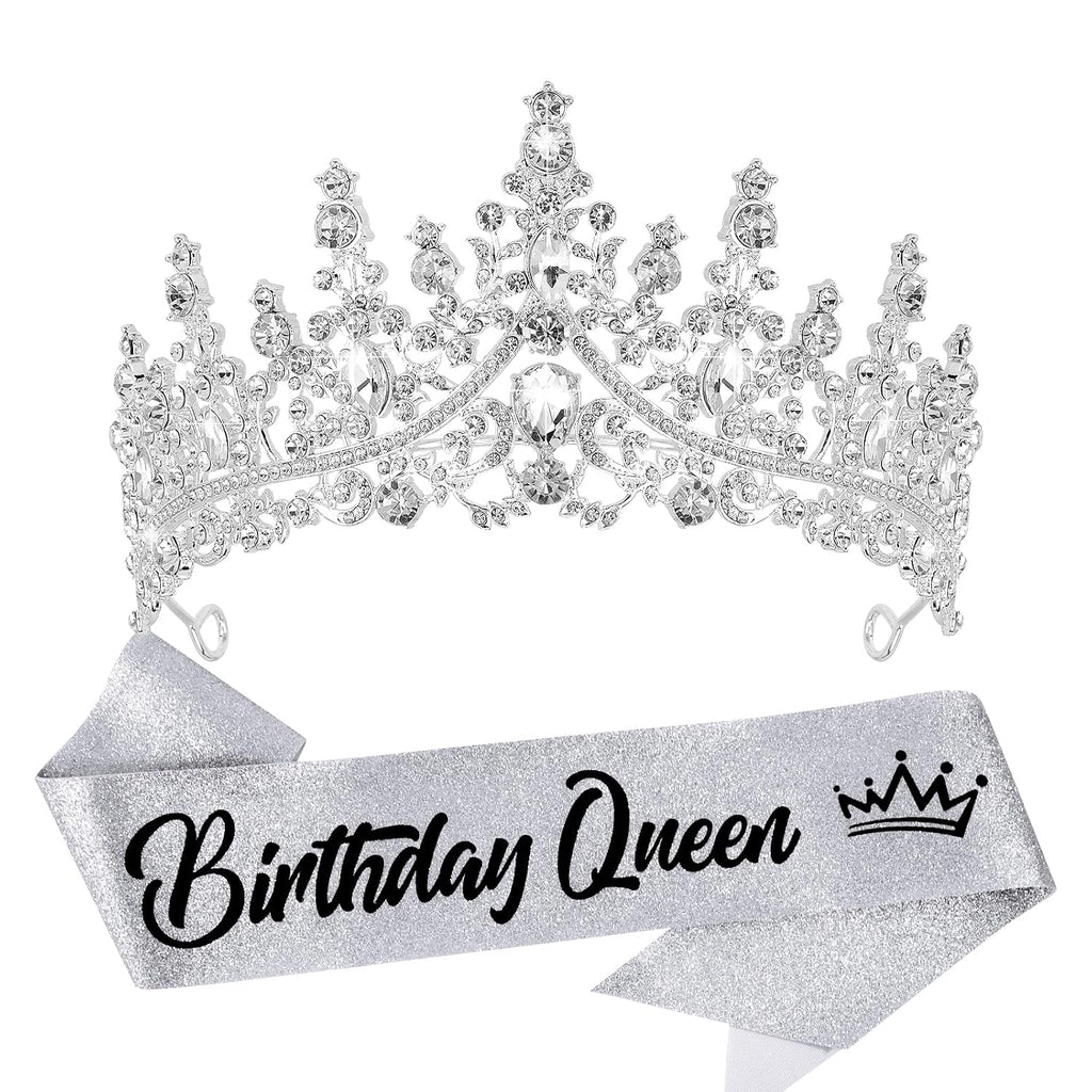 Birthday Queen Tiara Crowns for Women Girls Silver Crystal Birthday Queen Headband Sash Elegant Princess Crown Happy
