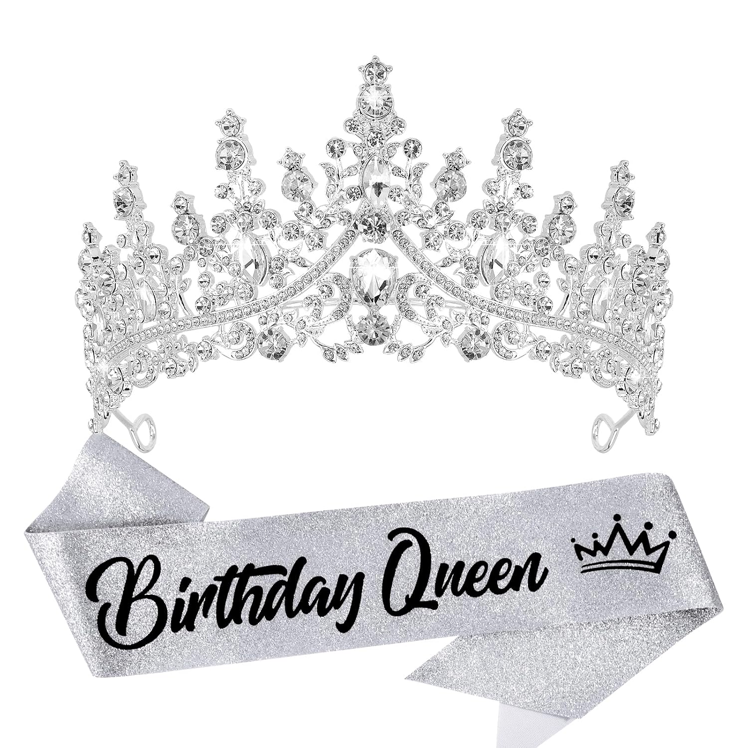 Birthday Queen Tiara Crowns for Women Girls Silver Crystal Birthday Queen Headband Sash Elegant Princess Crown Happy