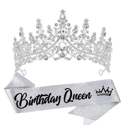 Birthday Queen Tiara Crowns for Women Girls Silver Crystal Birthday Queen Headband Sash Elegant Princess Crown Happy