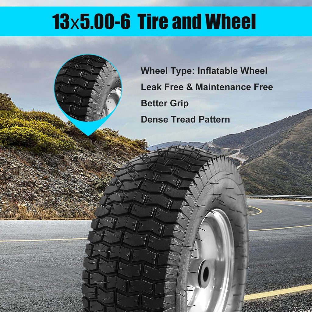 13x5.00-6 Tire and Wheel, Set of 2 Rubber Pneumatic Riding Lawn Mower Tires, Heavy Duty Lawn Mower Wheels with 3/4"