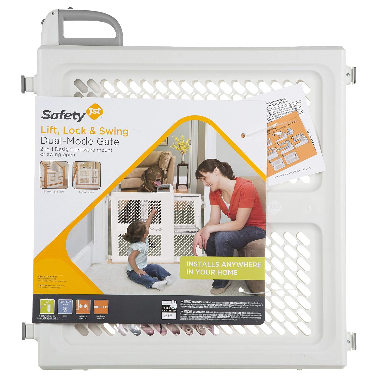 Baby Gates for Doorways, Pressure Mount Lift, Lock and Swing, Dog Gates, Hardware Gate for Stairs, Fits 28"-42" Wide