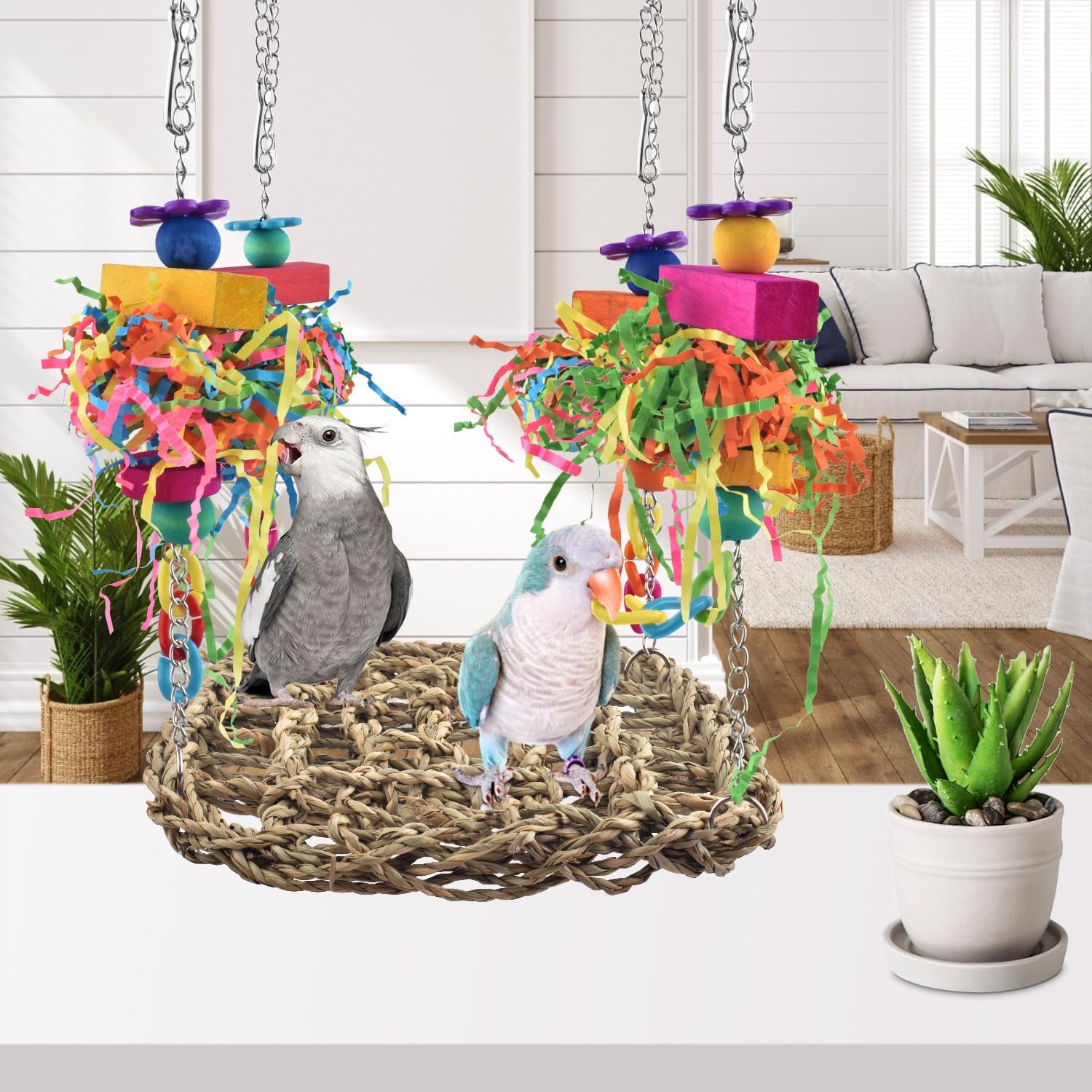 Bird Toys, Grass Swing Hammock Climbing Toy for Parrot Parakeet | Natural Grass with Colorful Chew Toys, Climbing and
