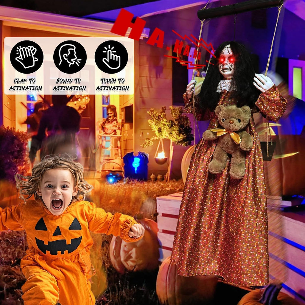 3.9 Ft Halloween Decorations Animatronics Hanging Swinging Girl with Creepy Sound/Light Up Eyes/Scary Expression