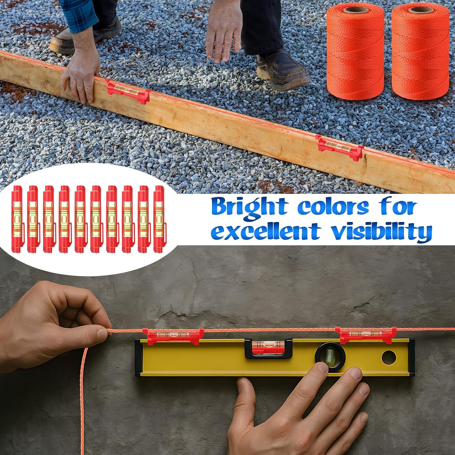 2 Pc Mason Line String #18 500 ft & 10 Pc Built-in Levels, Orange | String Level Line Kit, Suitable for DIY
