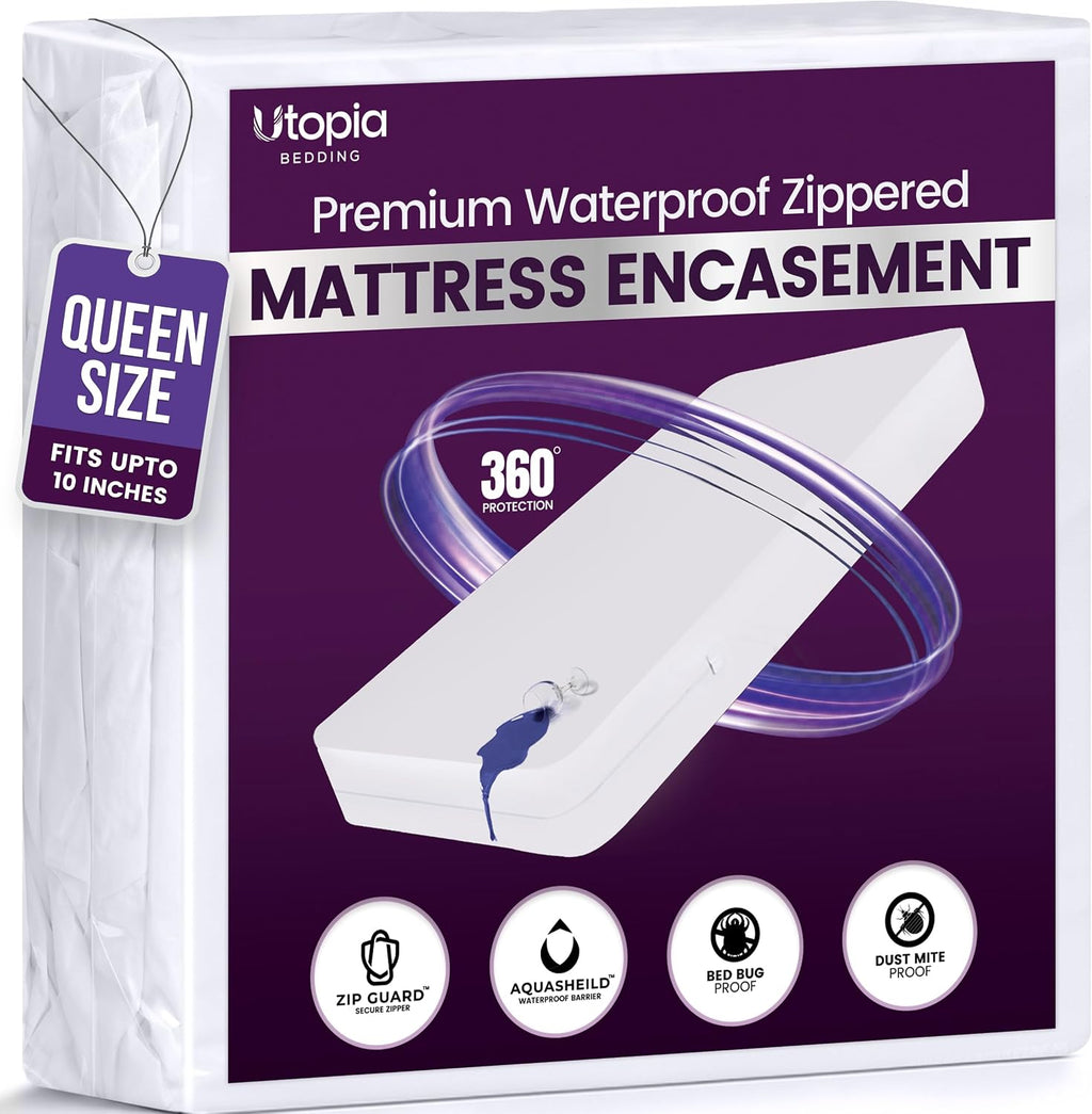 Premium Waterproof Zippered Mattress Protector Queen Size, 10" Depth | Utopia Bedding Bed Bug Mattress Cover, 6-Sided