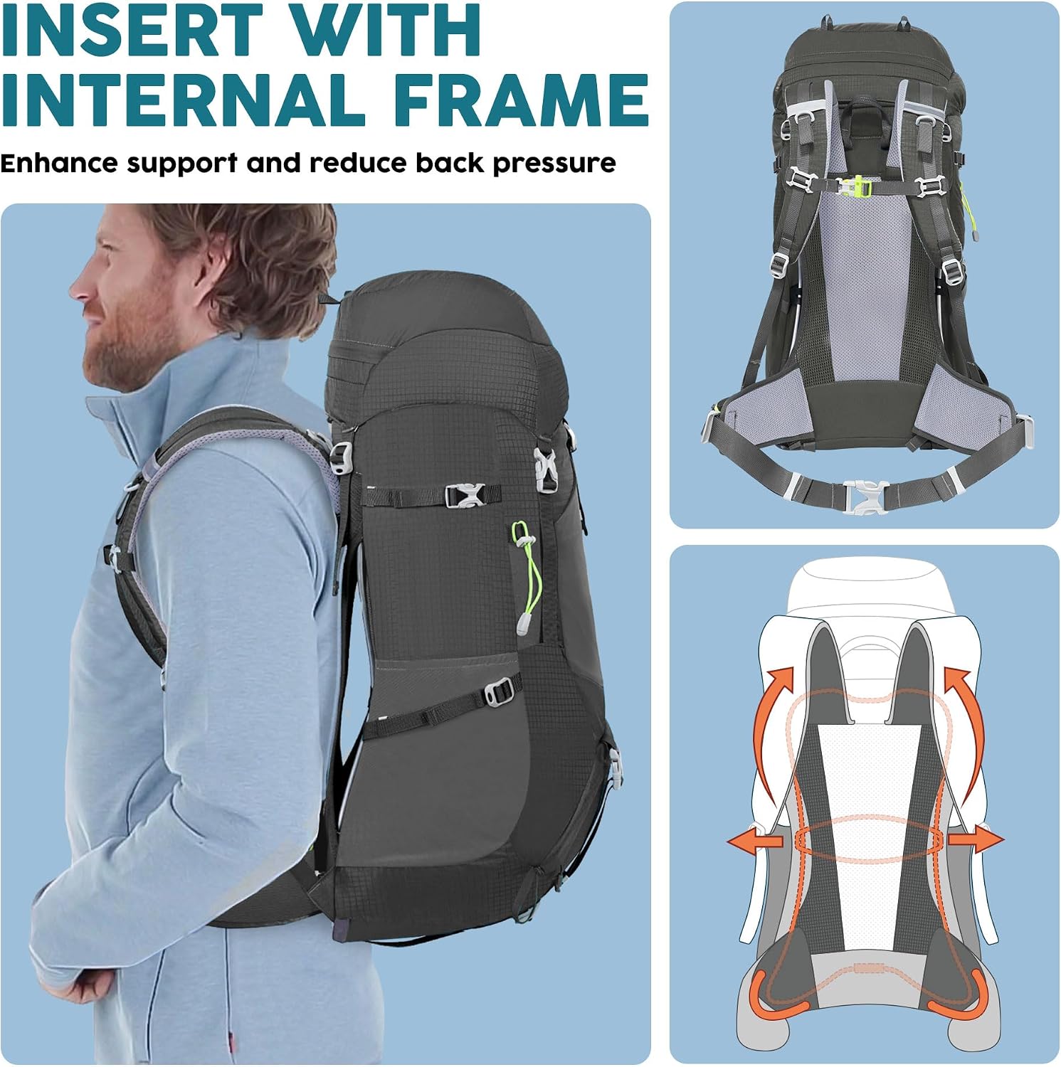 Internal Frame Hiking Backpack 50/60/65/70/80L, Mountain Climbing Camping Backpack Daypack Waterproof Rain Cover