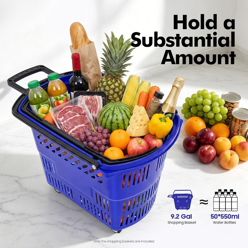 Shopping Carts, 6 Pcs 35L Durable Rolling Shopping Baskets Set with Wheels, 110 Lbs Capacity Portable Plastic Grocery