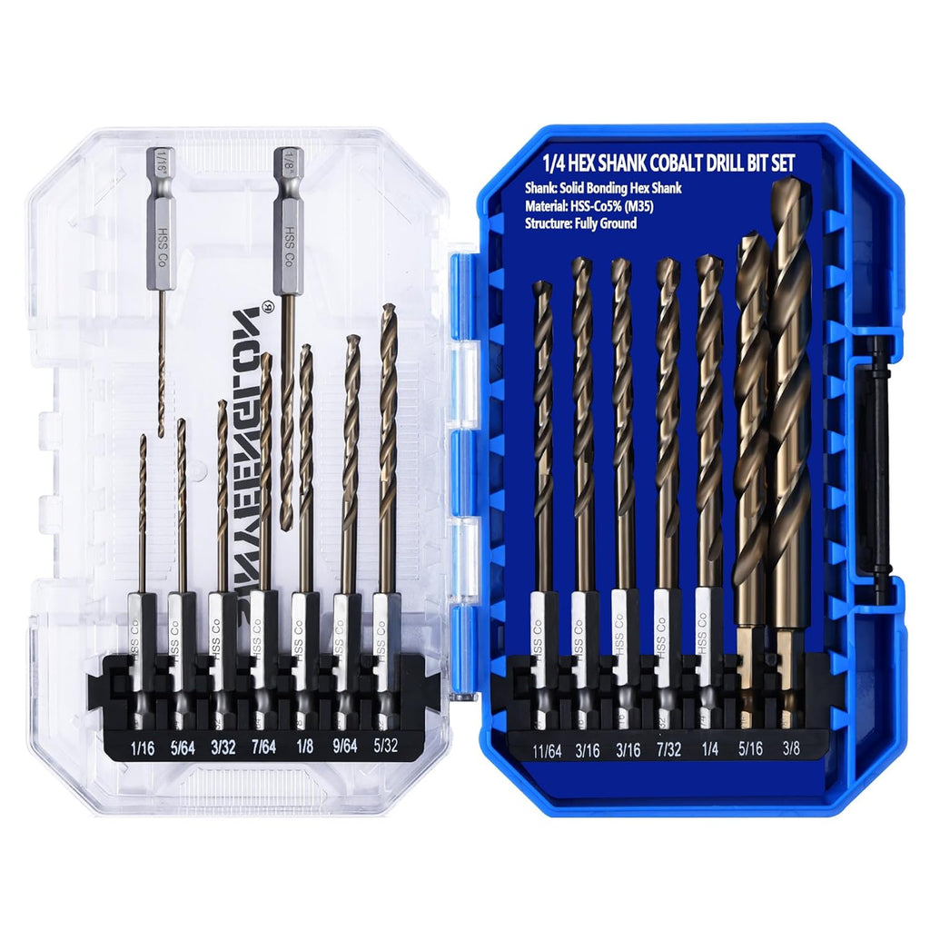 Hex Shank Cobalt Drill Bit Set for Metal & Steel,16Pcs 1/16-3/8