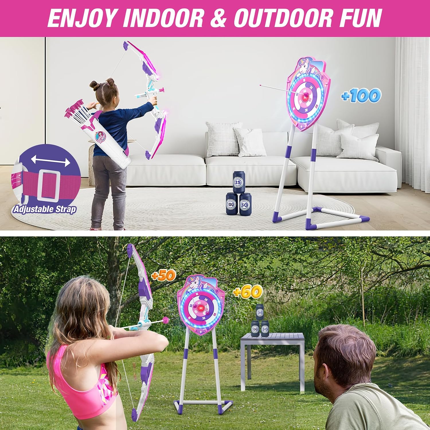 Bow and Arrow for Kids, LED Light Up Archery Set with Unicorn Target | with 12 Suction Cup Arrows, 1 Standing Glow