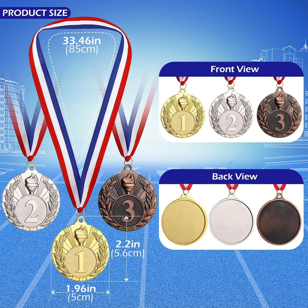 12 Pcs Gold Silver Bronze Medals for Awards, 1st 2nd 3rd Place Award Medal, Torch Metal Medals with Neck Ribbons for