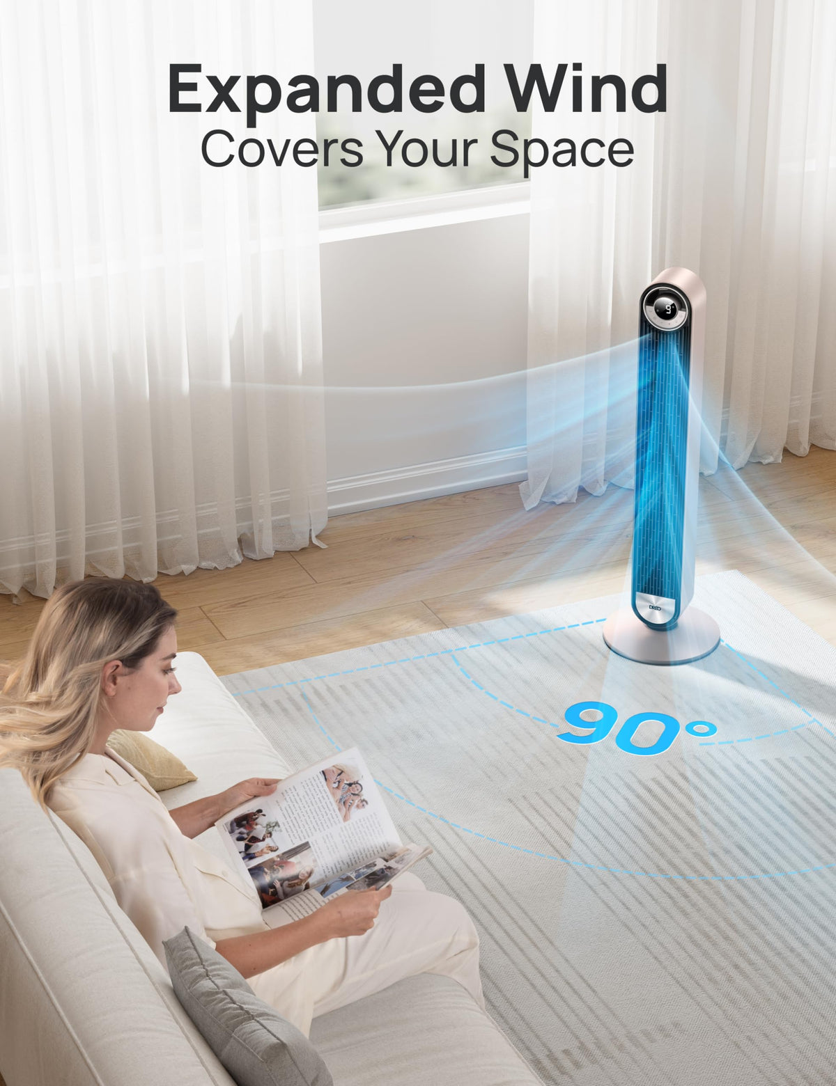 Smart Tower Fan for Bedroom, 90° Oscillating Bladeless Fan