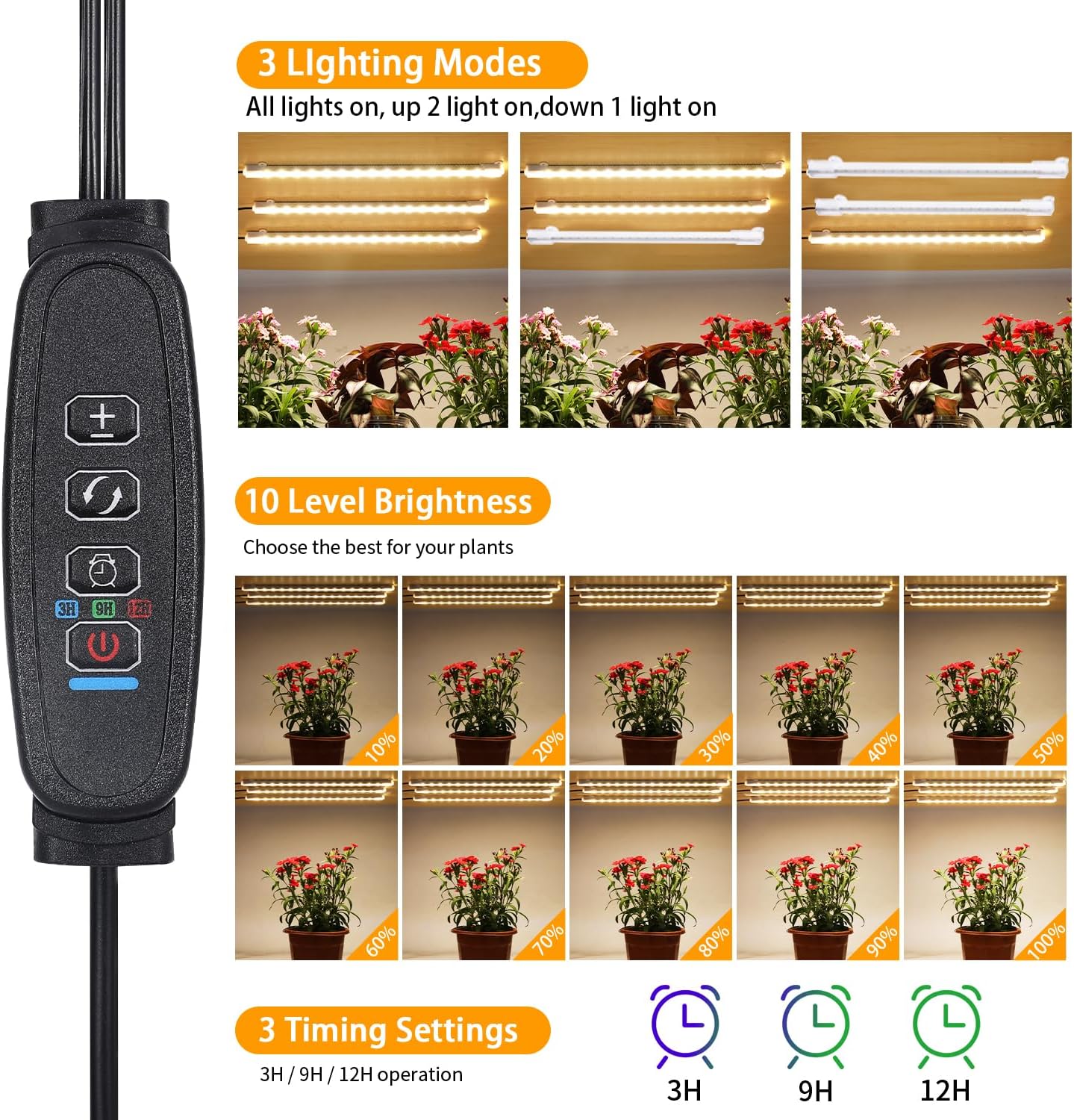 LED Grow Light Strips, Grow Lights for Indoor Plants Full Spectrum 3000K, Plant Light Bar with 3/9/12H Timer, 10