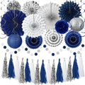 34 Pcs Blue and Silver Party Decorations, Hanging Paper Lanterns Fans Pom Poms Set, Blue Streamers, 2026 Graduation