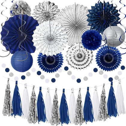 34 Pcs Blue and Silver Party Decorations, Hanging Paper Lanterns Fans Pom Poms Set, Blue Streamers, 2026 Graduation