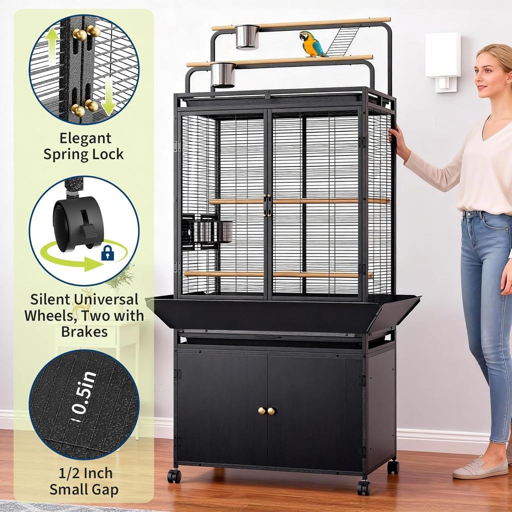 71 Inch Large Bird Cage with Play Top & Storage Cabinet, Wide Flight Cage | Birdcage with Storage for Parrot